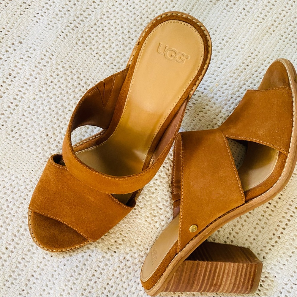 UGG tan suede women’s 8.5 stacked heel Celia mules